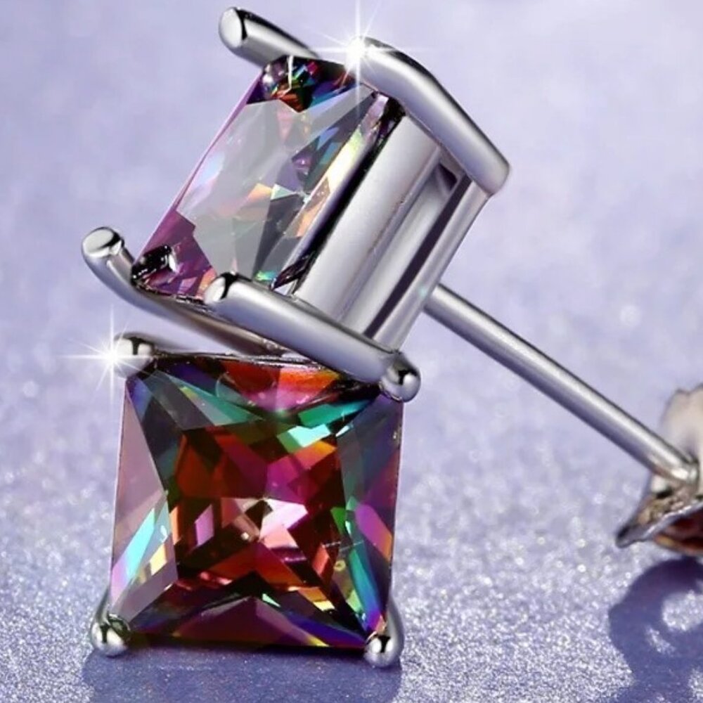 Large Mystic Topaz 3.50CT Princess Cut Earring Pair, 925 Sterling Silver